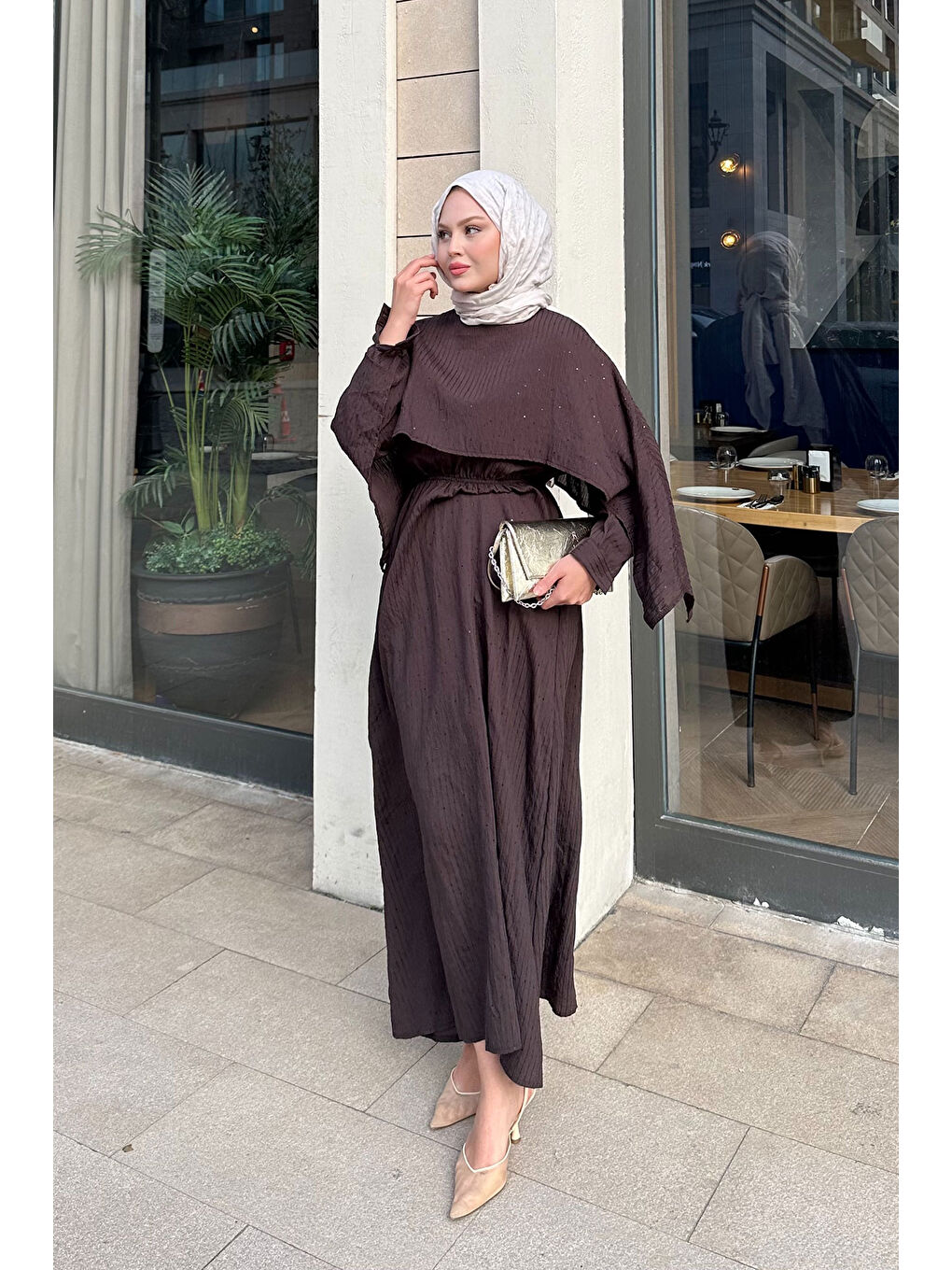 Kadın Pelerin Detay Çizgili Elbise Kahverengi-1