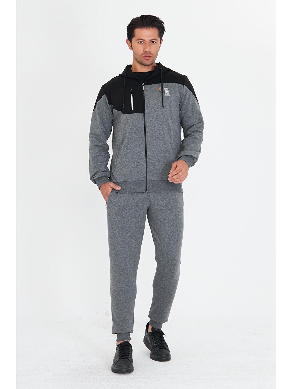 Erkek Pamuklu Kapüşonlu Eşofman Takımı Antrasit 5739-A-1