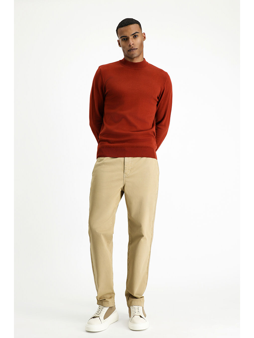 Kahverengi Bato Yaka Regular Fit Pamuklu Triko Büyük Beden Kazak-1