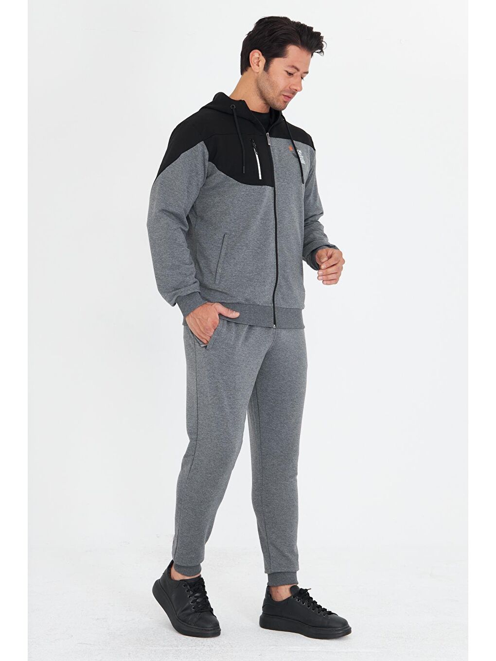 Erkek Pamuklu Kapüşonlu Eşofman Takımı Antrasit 5739-A-2