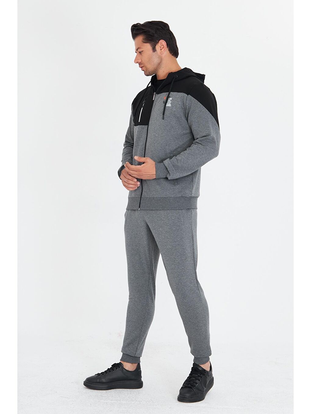 Erkek Pamuklu Kapüşonlu Eşofman Takımı Antrasit 5739-A-3