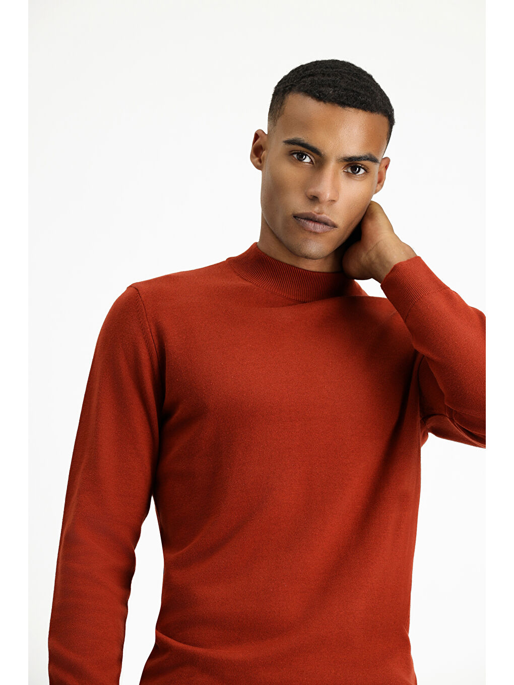 Kahverengi Bato Yaka Regular Fit Pamuklu Triko Büyük Beden Kazak-2