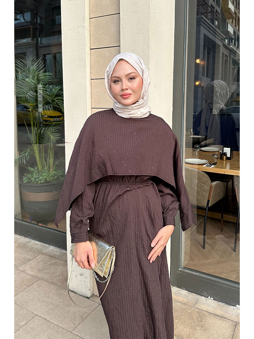 Kadın Pelerin Detay Çizgili Elbise Kahverengi-2