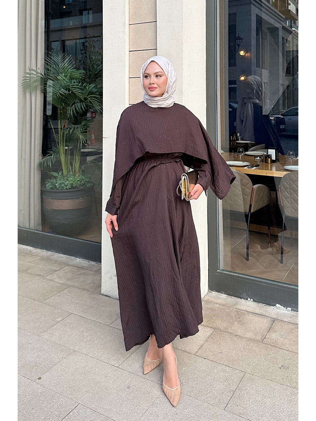 Kadın Pelerin Detay Çizgili Elbise Kahverengi-3