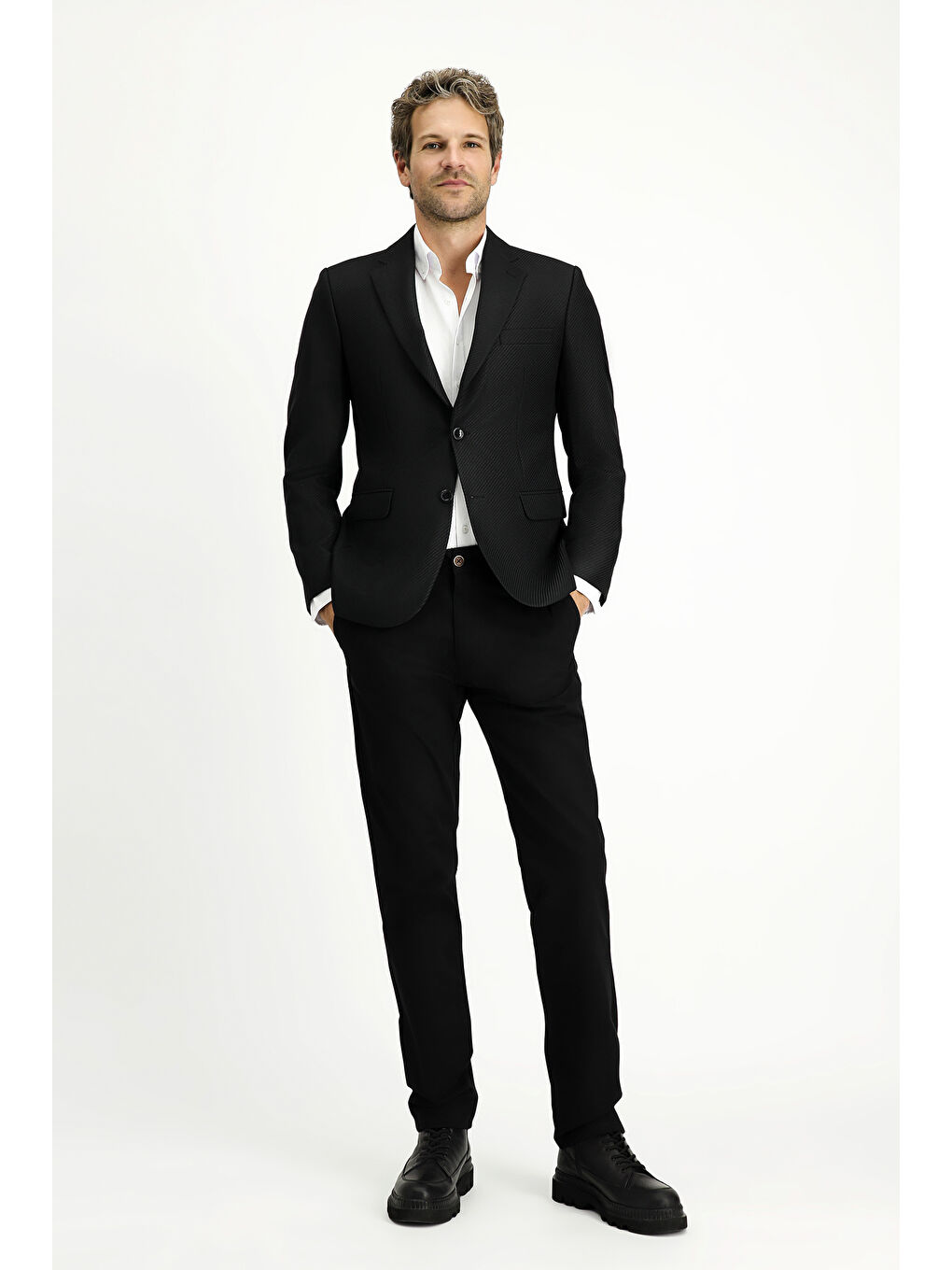 Siyah Regular Fit Çizgili Klasik Ceket