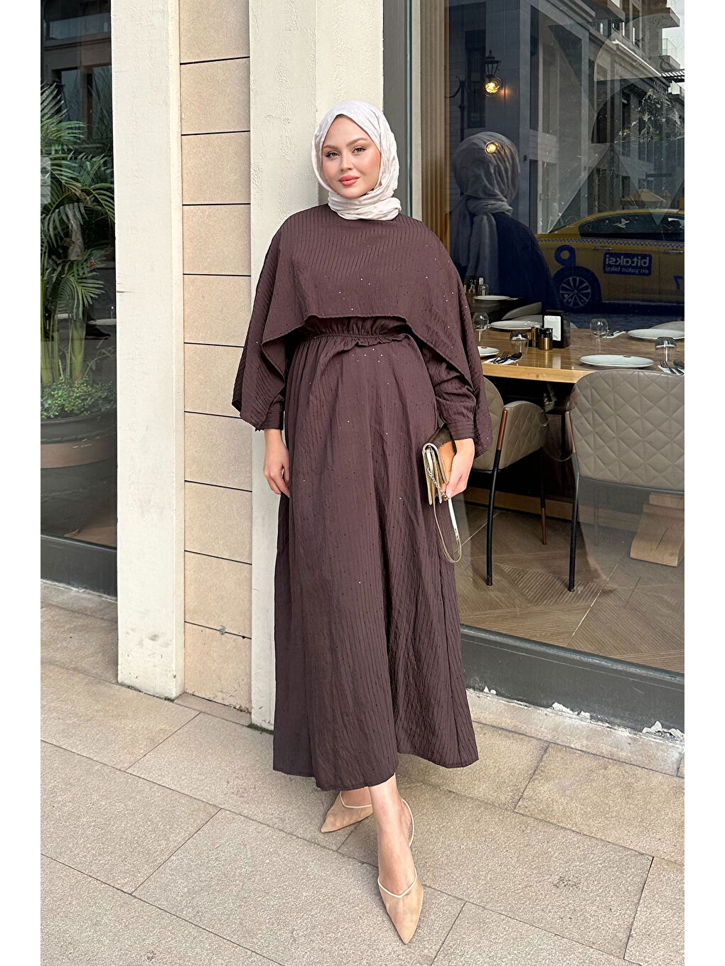 Kadın Pelerin Detay Çizgili Elbise Kahverengi-4