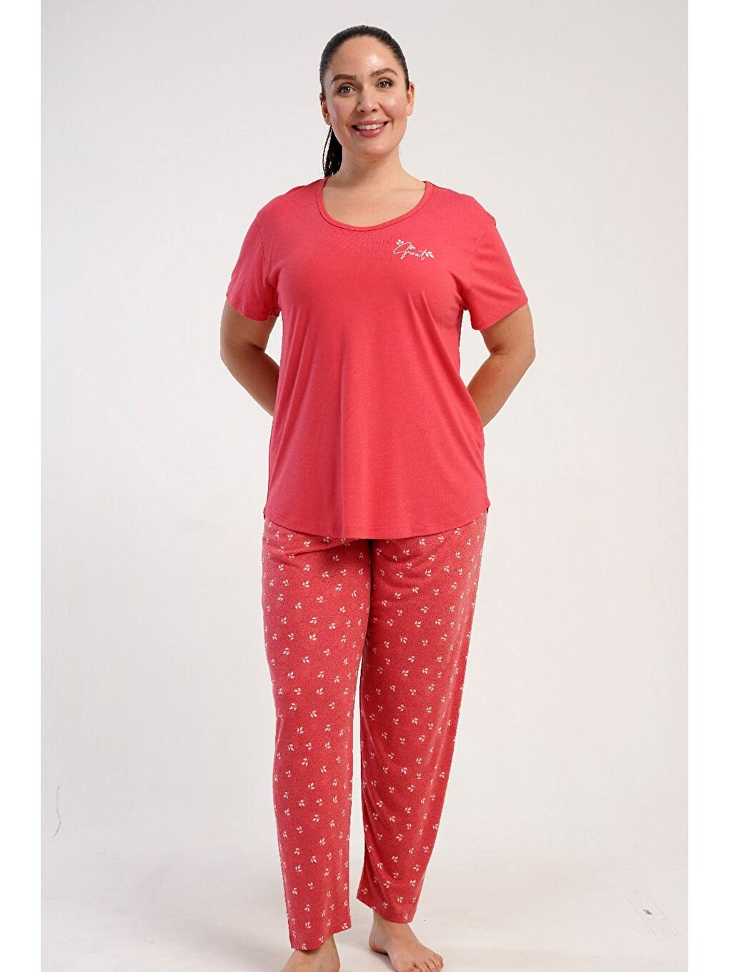 Pembe Büyük Beden Yuvarlak Yaka Kısa Kollu Pijama Takımı Gül Kurusu-512253-2
