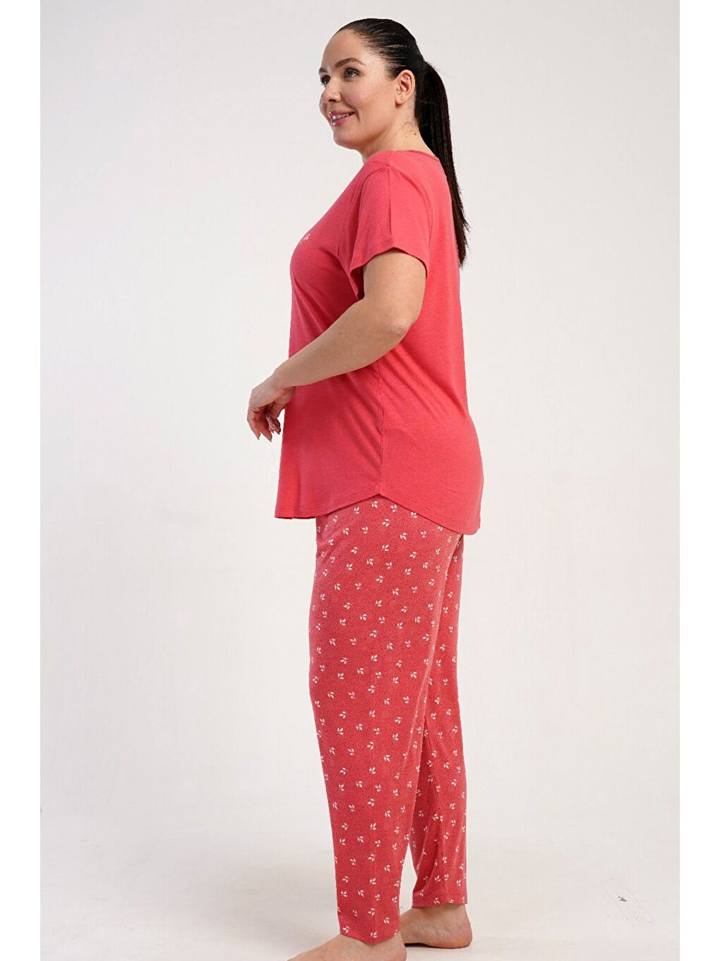 Pembe Büyük Beden Yuvarlak Yaka Kısa Kollu Pijama Takımı Gül Kurusu-512253-3