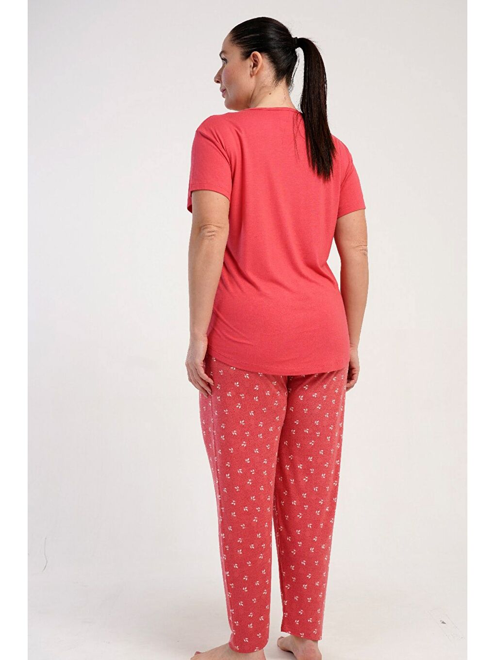 Pembe Büyük Beden Yuvarlak Yaka Kısa Kollu Pijama Takımı Gül Kurusu-512253-4