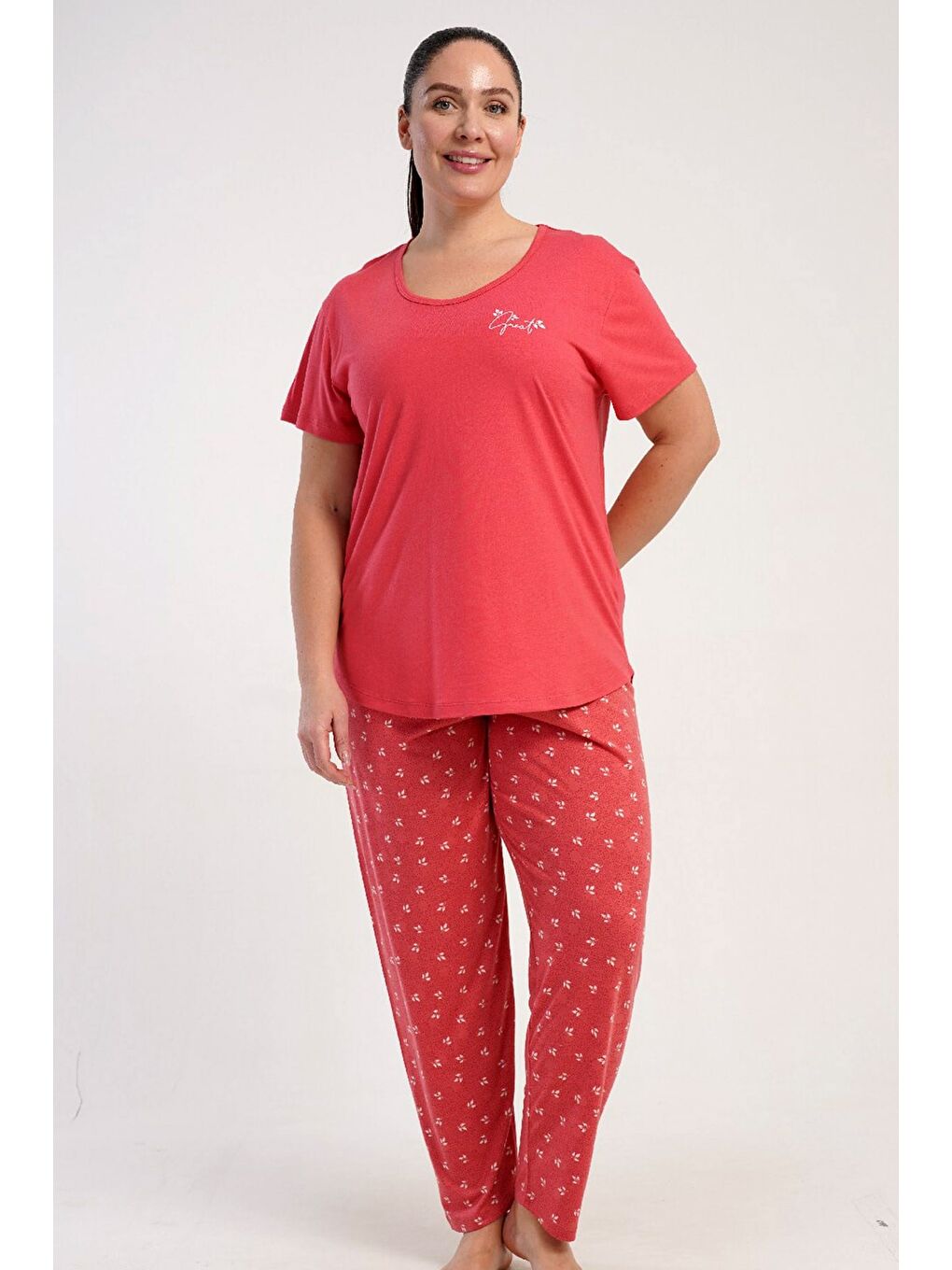 Pembe Büyük Beden Yuvarlak Yaka Kısa Kollu Pijama Takımı Gül Kurusu-512253-5