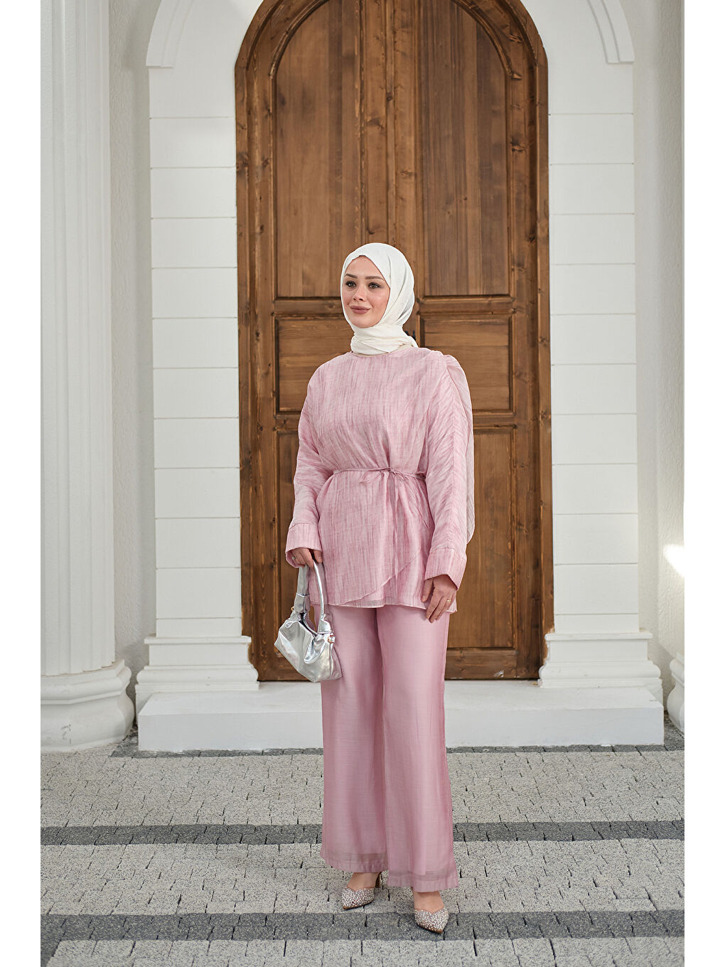 Kadın Yaka Şal Detay Bel Bağlamalı Takım Pembe-1