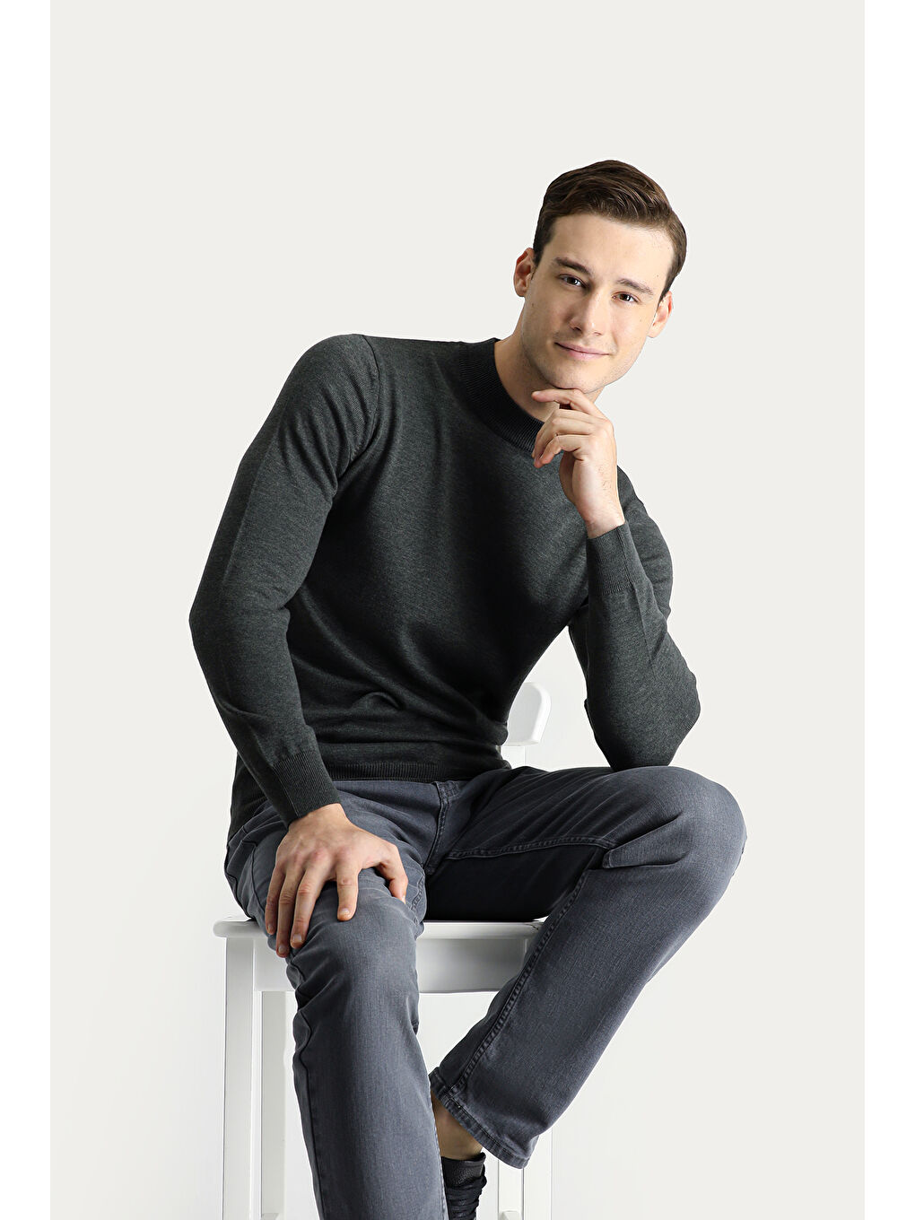 Antrasit Bato Yaka Regular Fit Pamuklu Triko Büyük Beden Kazak