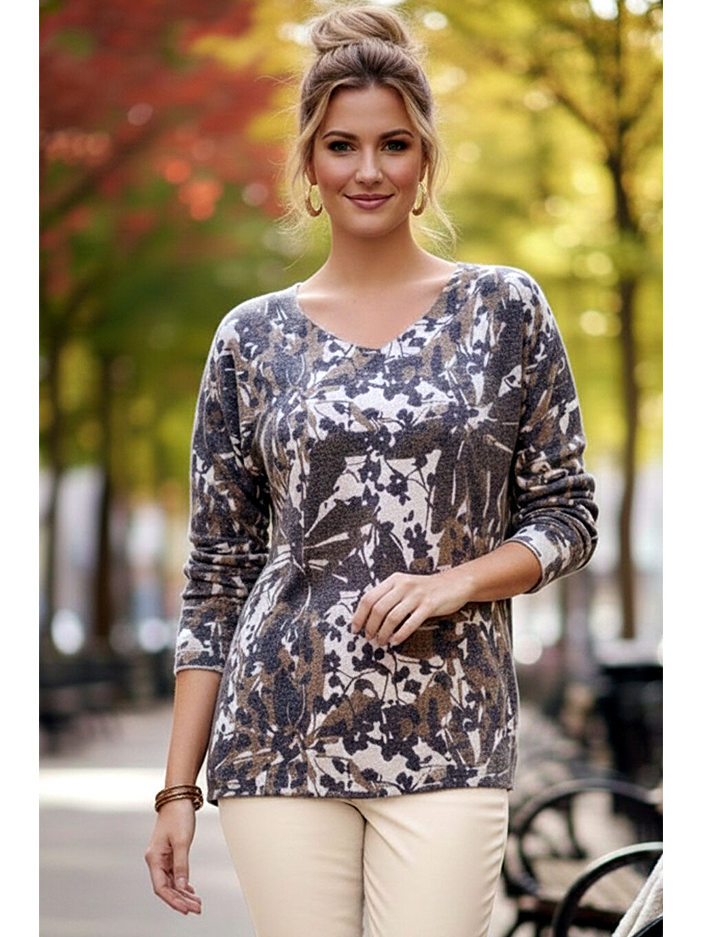 İtalyan Kahverengi V Yaka Uzun Kol Desenli İnce Casual Triko Bluz 68 65