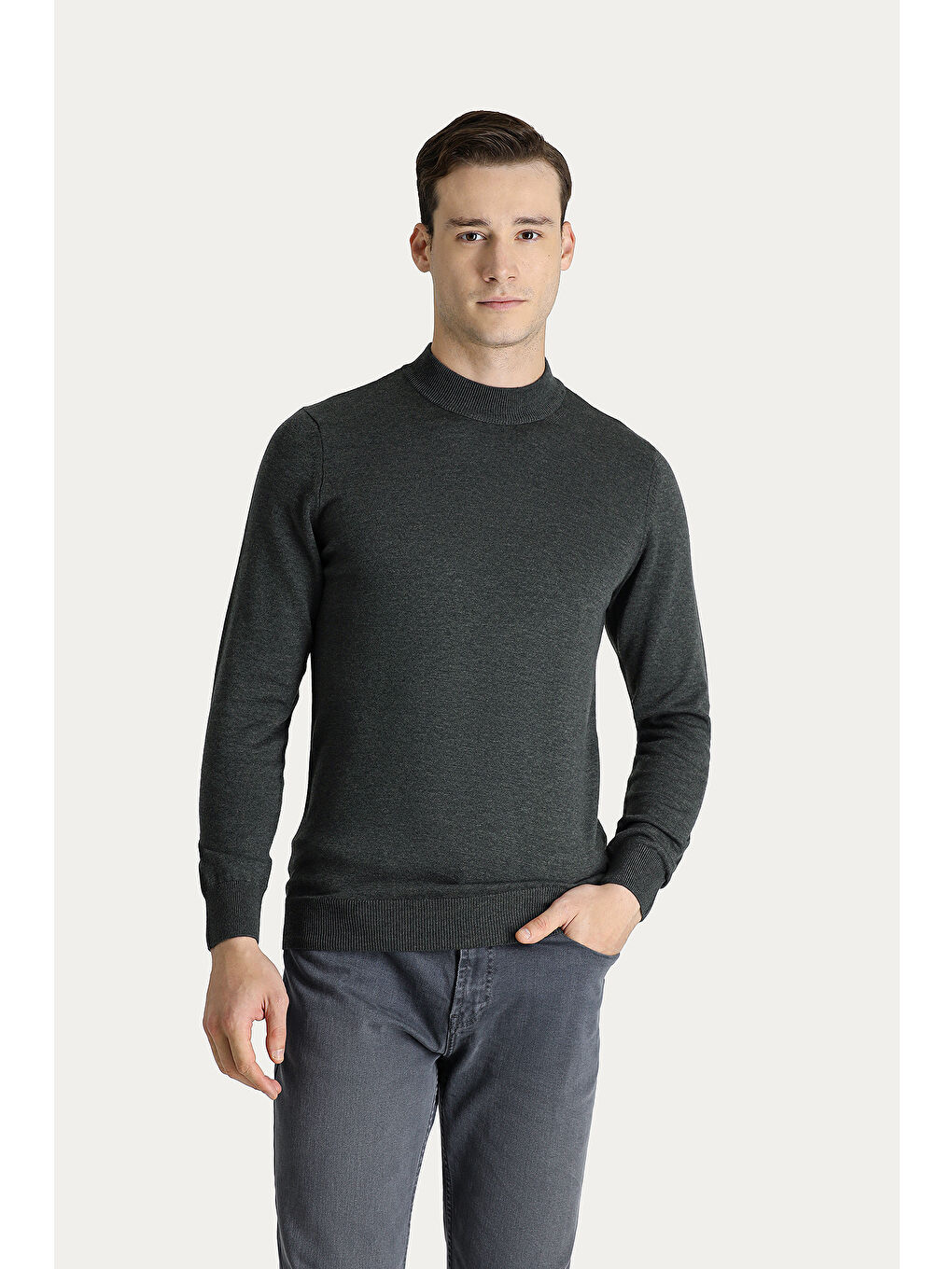 Antrasit Bato Yaka Regular Fit Pamuklu Triko Büyük Beden Kazak-1