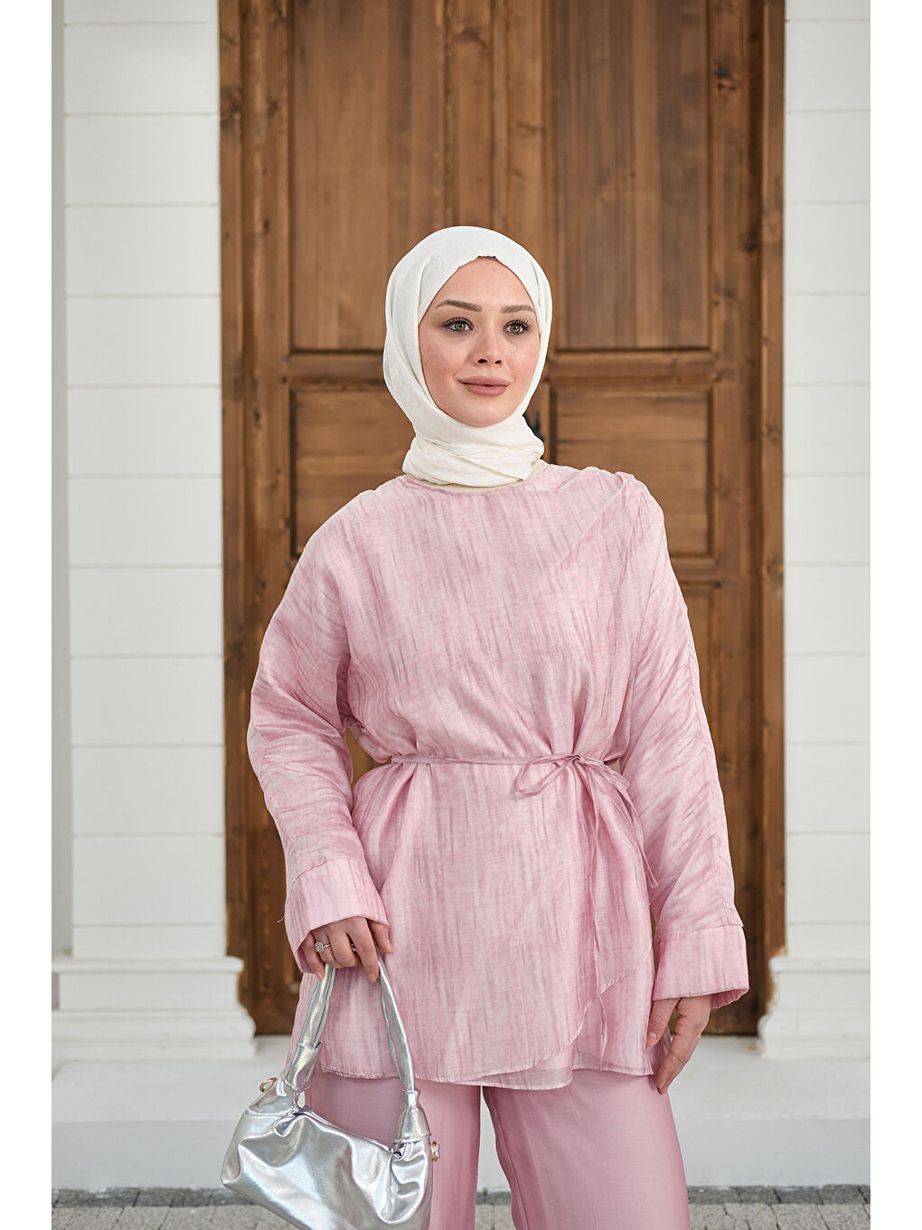 Kadın Yaka Şal Detay Bel Bağlamalı Takım Pembe-2