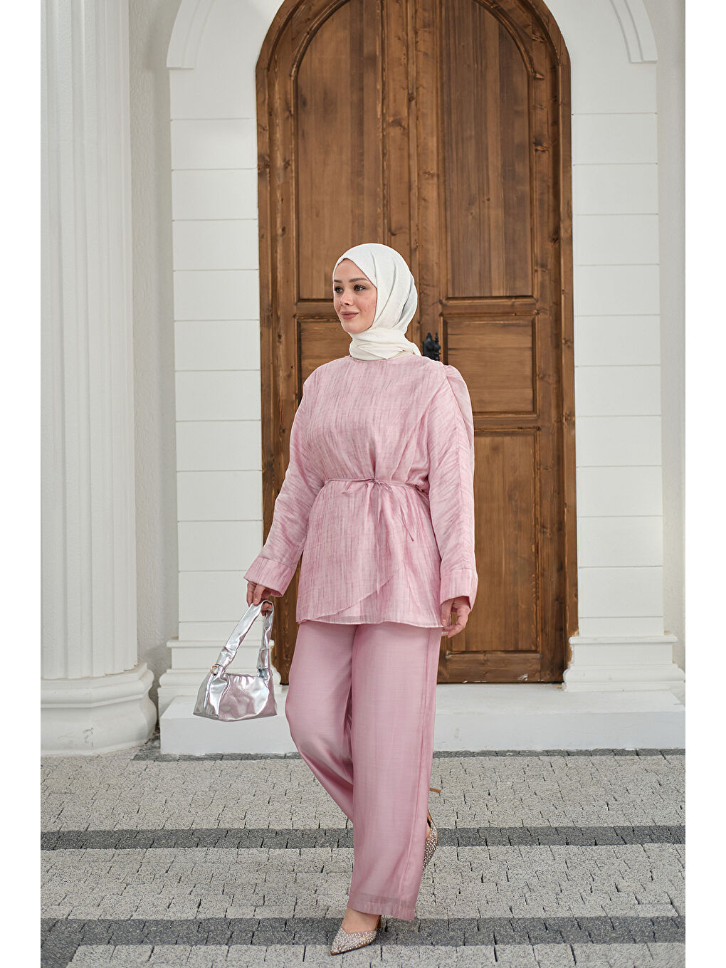 Kadın Yaka Şal Detay Bel Bağlamalı Takım Pembe-3