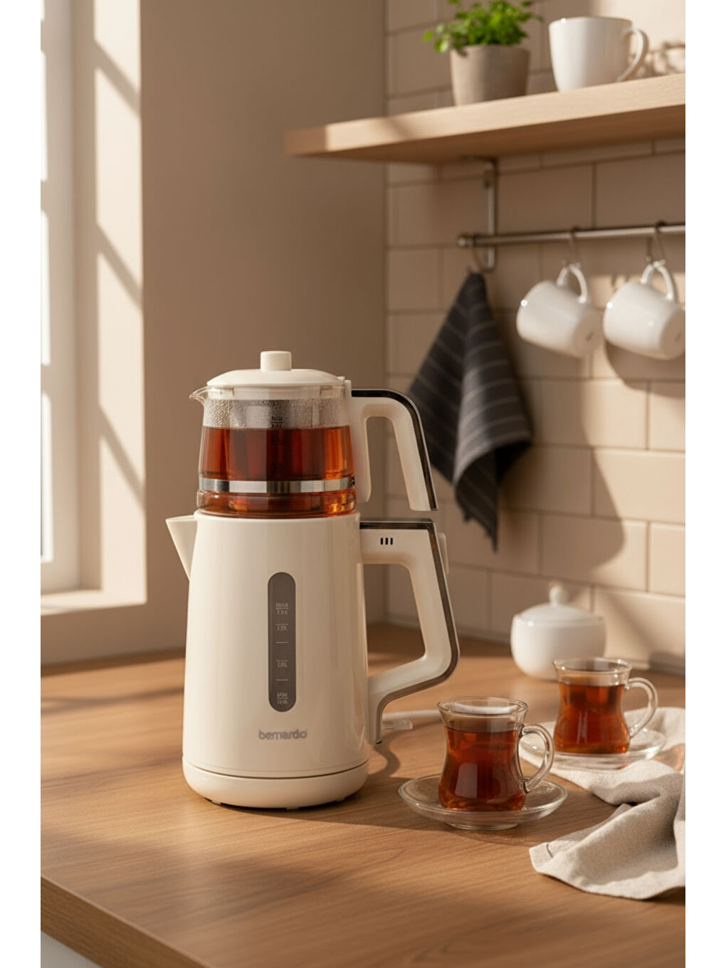 Venedik Cam Demlikli Çay Makinesi Krem