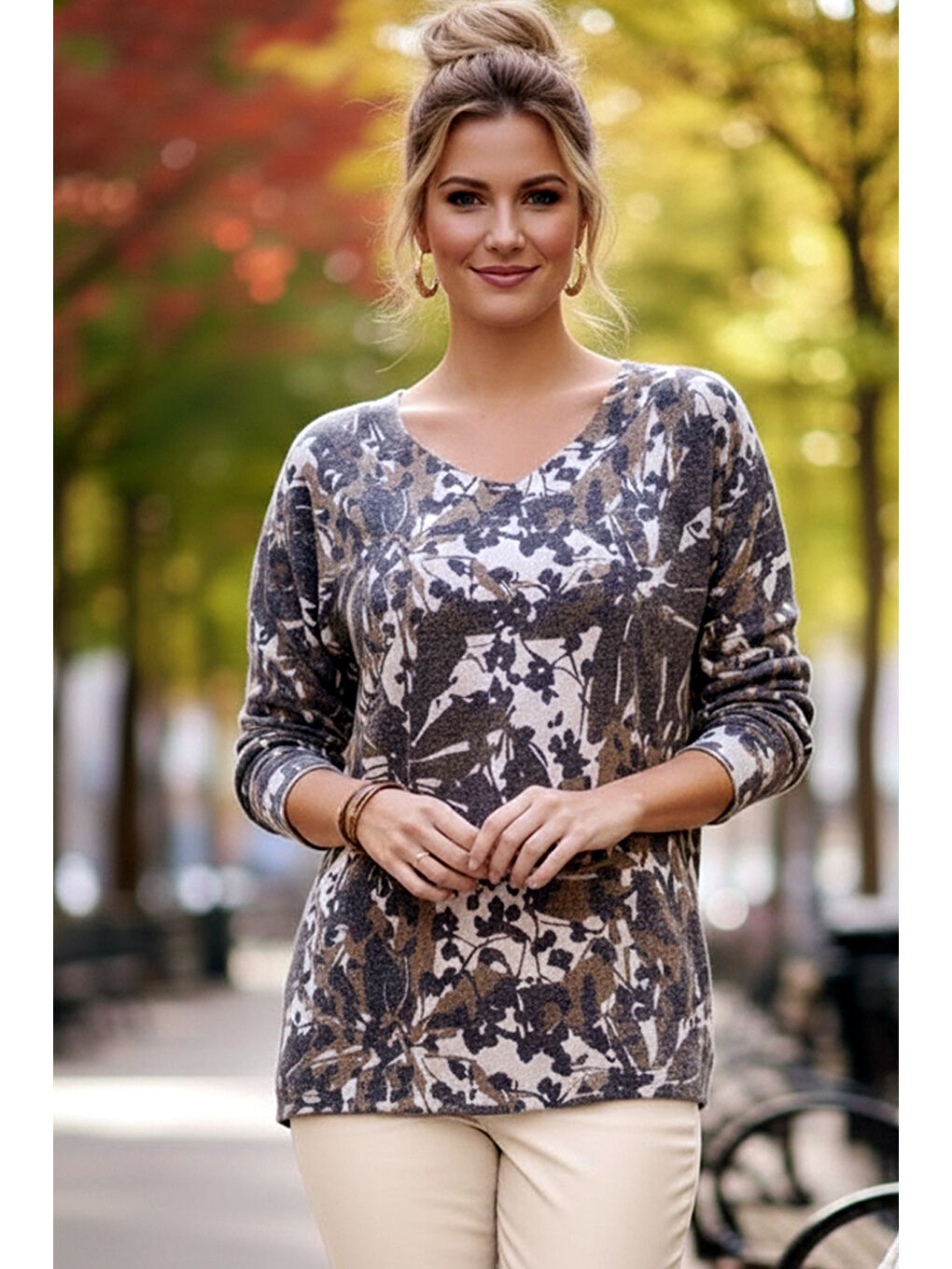 İtalyan Kahverengi V Yaka Uzun Kol Desenli İnce Casual Triko Bluz 68 65-1