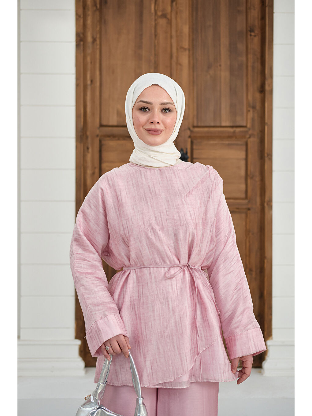 Kadın Yaka Şal Detay Bel Bağlamalı Takım Pembe-4