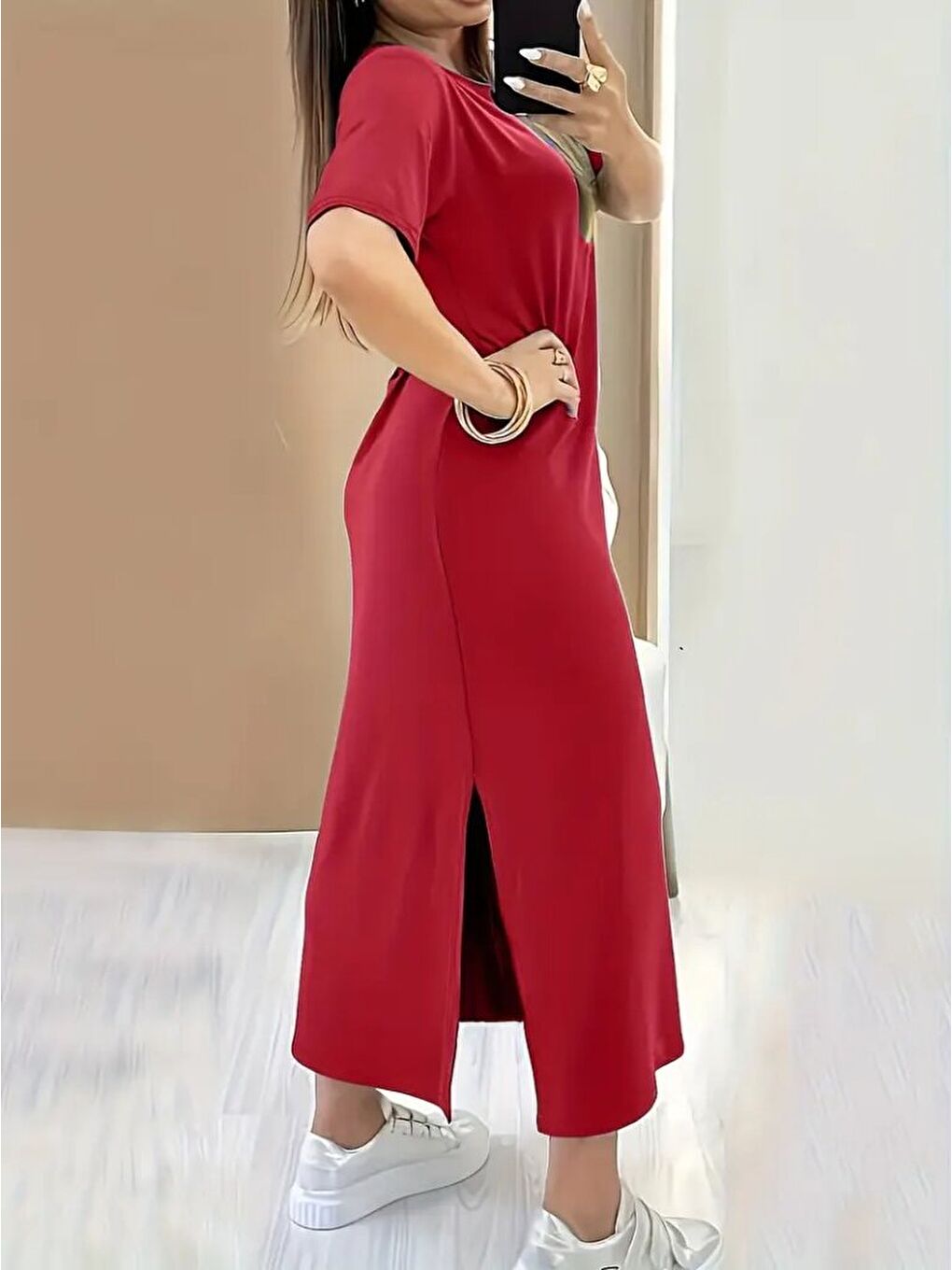 Kırmızı Kadın Kısa Kollu Bisiklet Yaka Yandan Yırtmaçlı Viskon Elbise-3