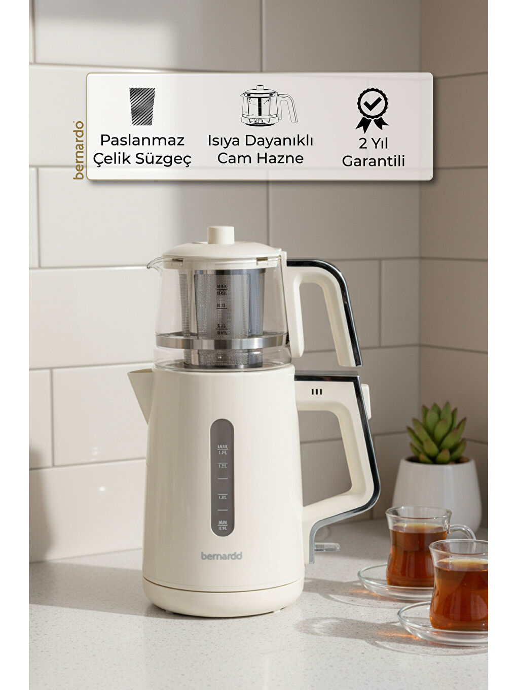 Venedik Cam Demlikli Çay Makinesi Krem-6