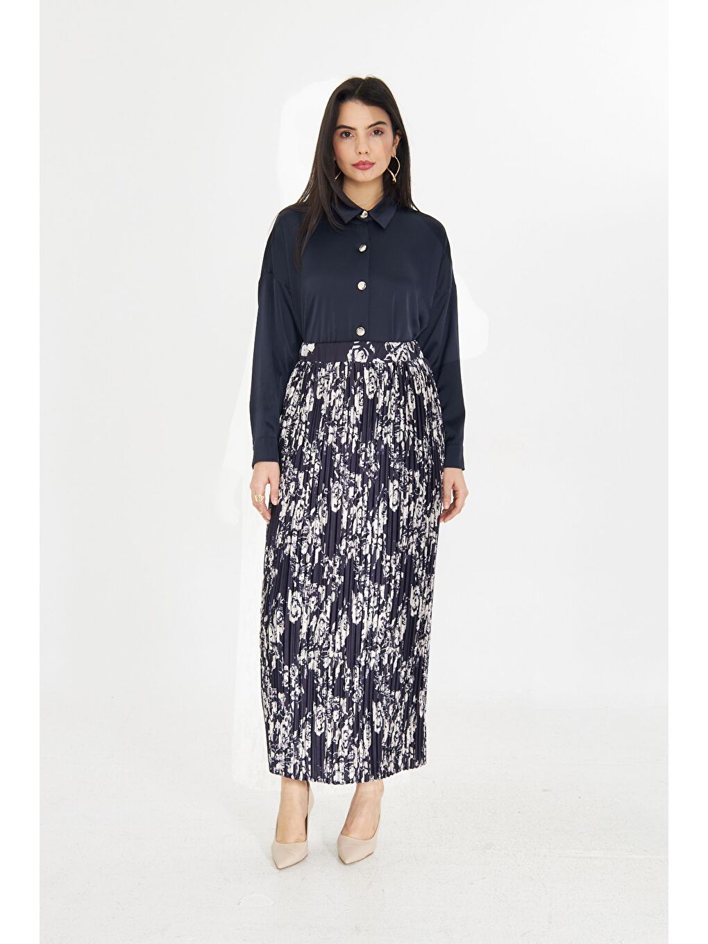 Full Pliseli Desenli Lacivert Etek