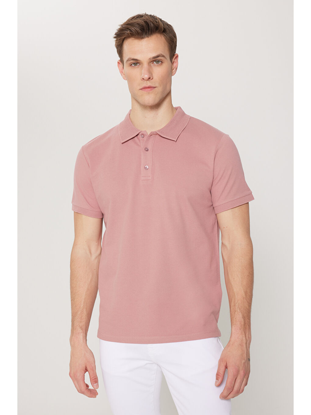 Pembe Erkek Gül Kurusu Slim Fit Dar Kesim Polo Yaka %100 Pamuk Kısa Kollu Tişört-1