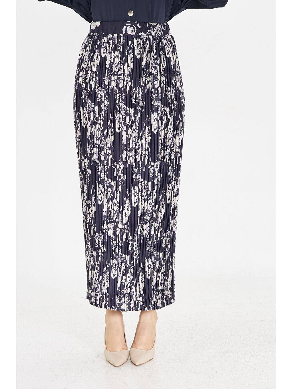 Full Pliseli Desenli Lacivert Etek-2