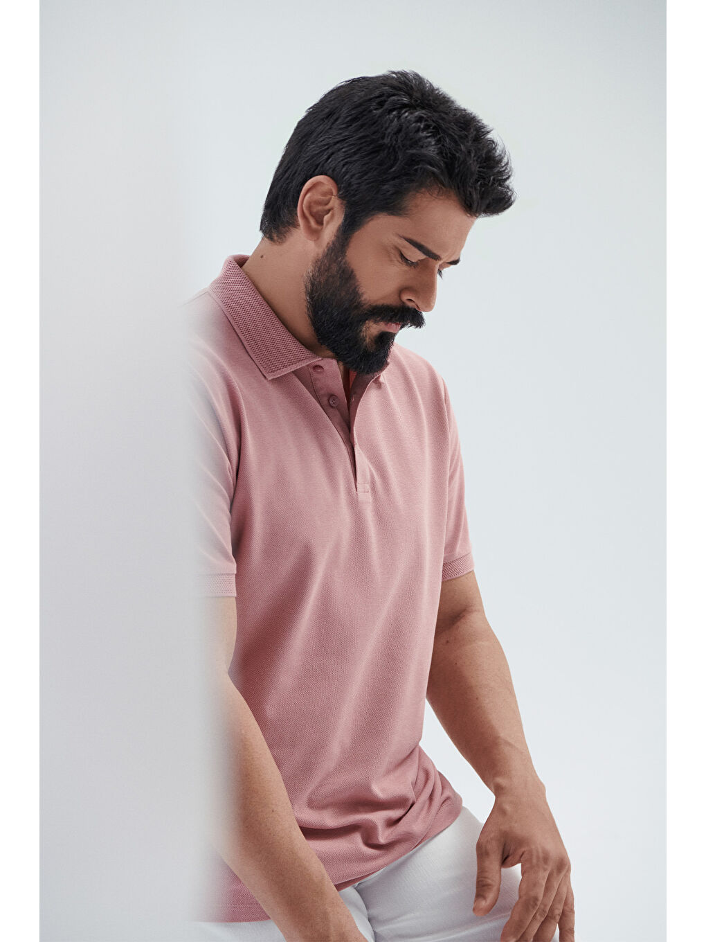 Pembe Erkek Gül Kurusu Slim Fit Dar Kesim Polo Yaka %100 Pamuk Kısa Kollu Tişört-2