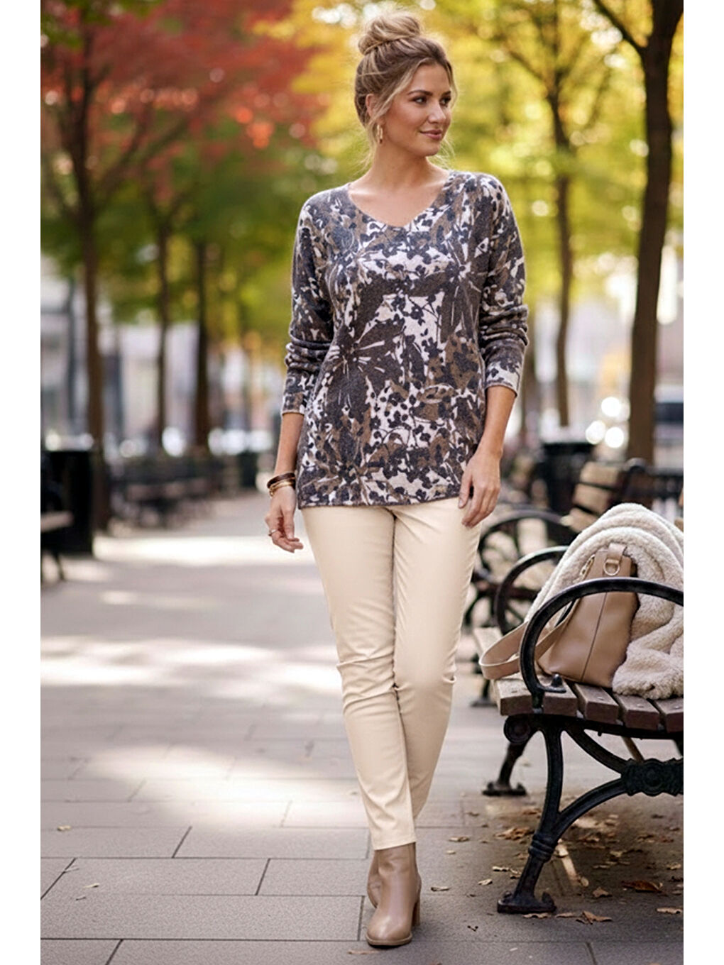 İtalyan Kahverengi V Yaka Uzun Kol Desenli İnce Casual Triko Bluz 68 65-3