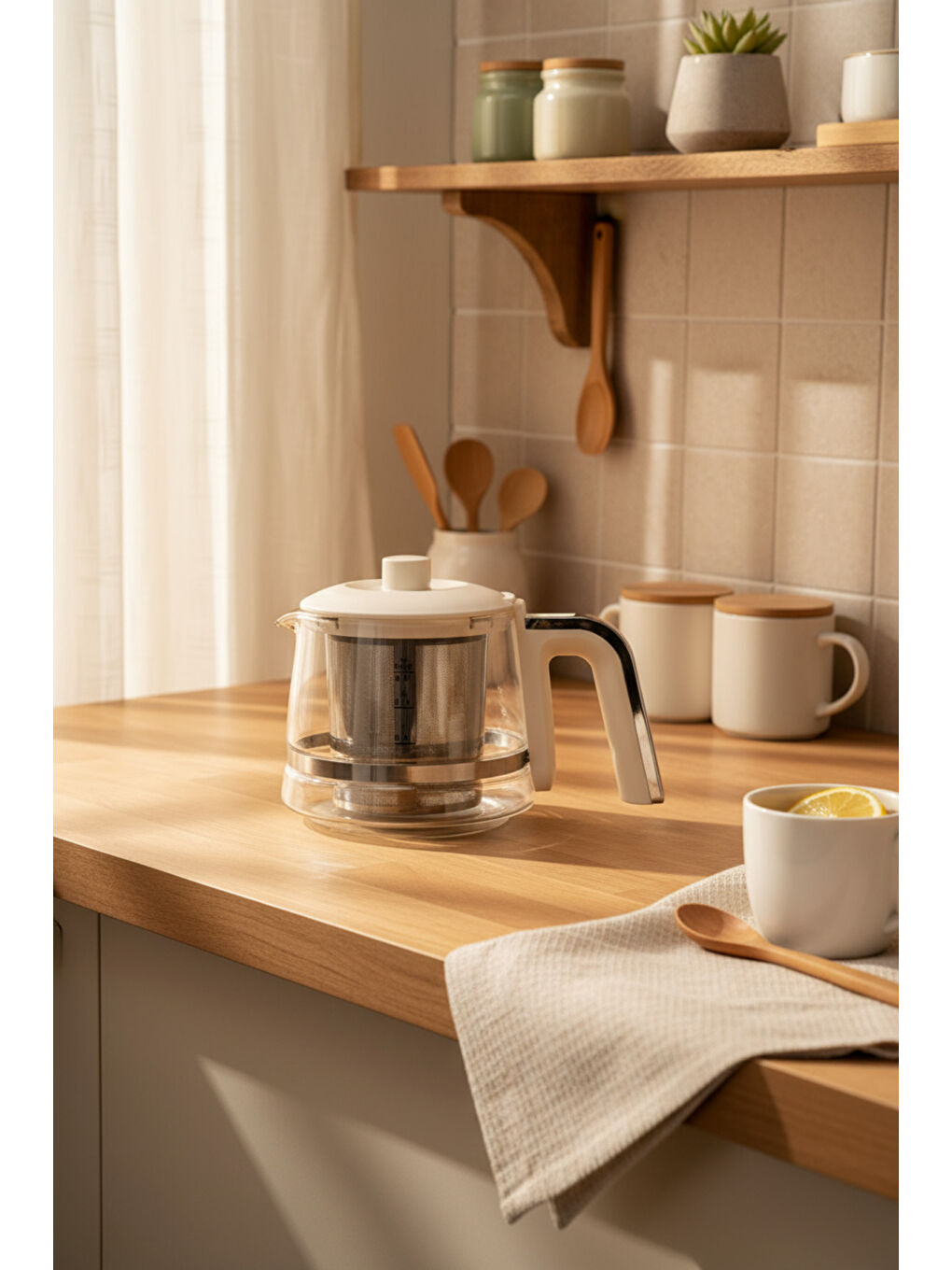 Venedik Cam Demlikli Çay Makinesi Krem-7