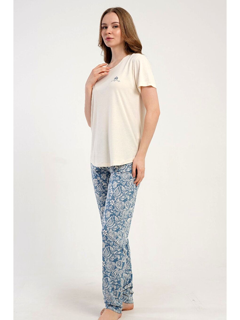 Ekru Yuvarlak Yaka Kısa Kollu Pijama Takımı Krem-512275-1