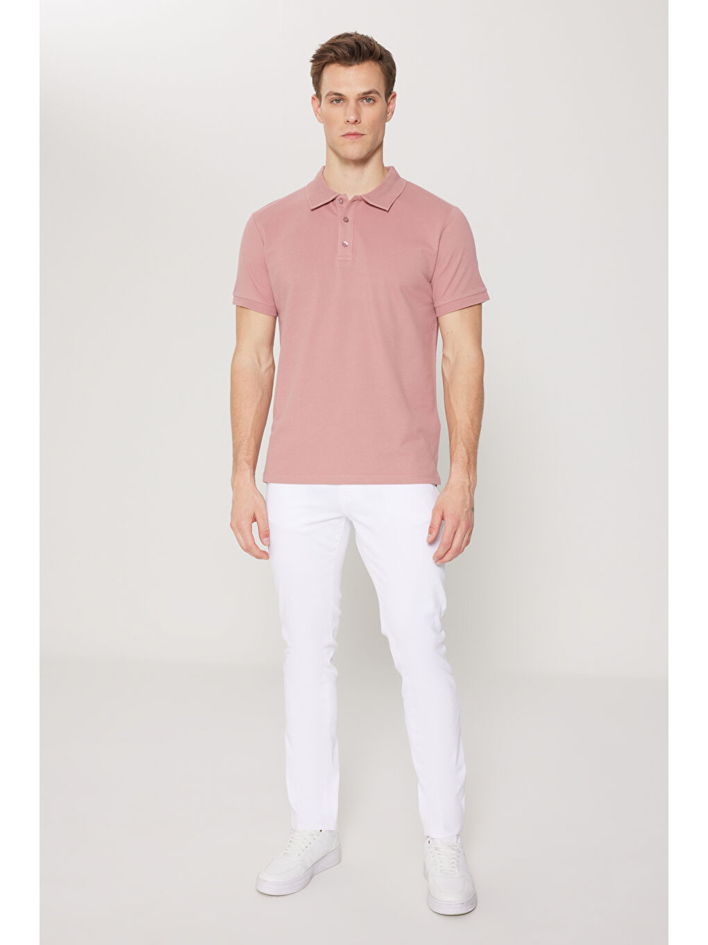 Pembe Erkek Gül Kurusu Slim Fit Dar Kesim Polo Yaka %100 Pamuk Kısa Kollu Tişört-3