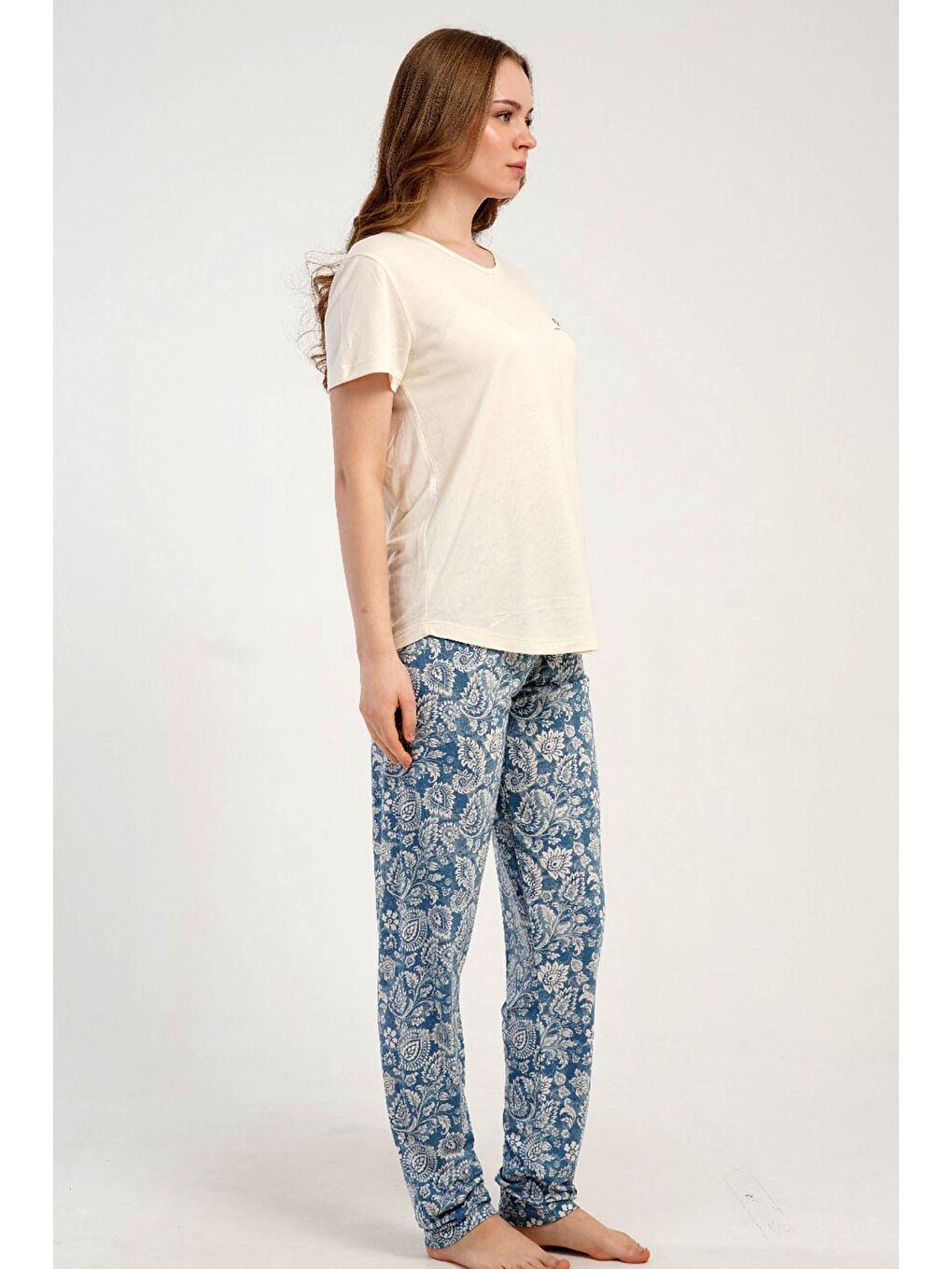 Ekru Yuvarlak Yaka Kısa Kollu Pijama Takımı Krem-512275-2