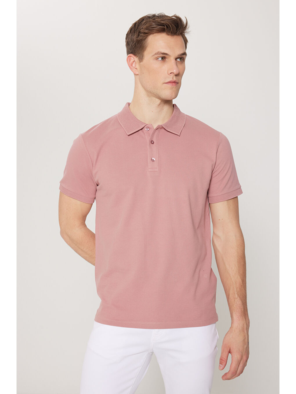 Pembe Erkek Gül Kurusu Slim Fit Dar Kesim Polo Yaka %100 Pamuk Kısa Kollu Tişört-5