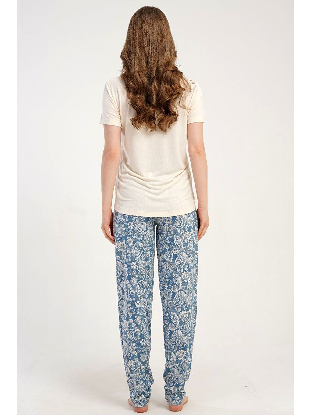 Ekru Yuvarlak Yaka Kısa Kollu Pijama Takımı Krem-512275-3