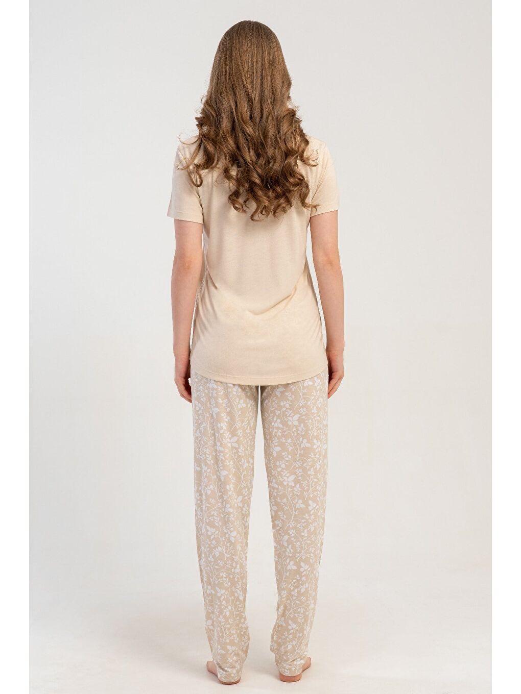 Yuvarlak Yaka Kısa Kollu Pijama Takımı Bej-512181-4