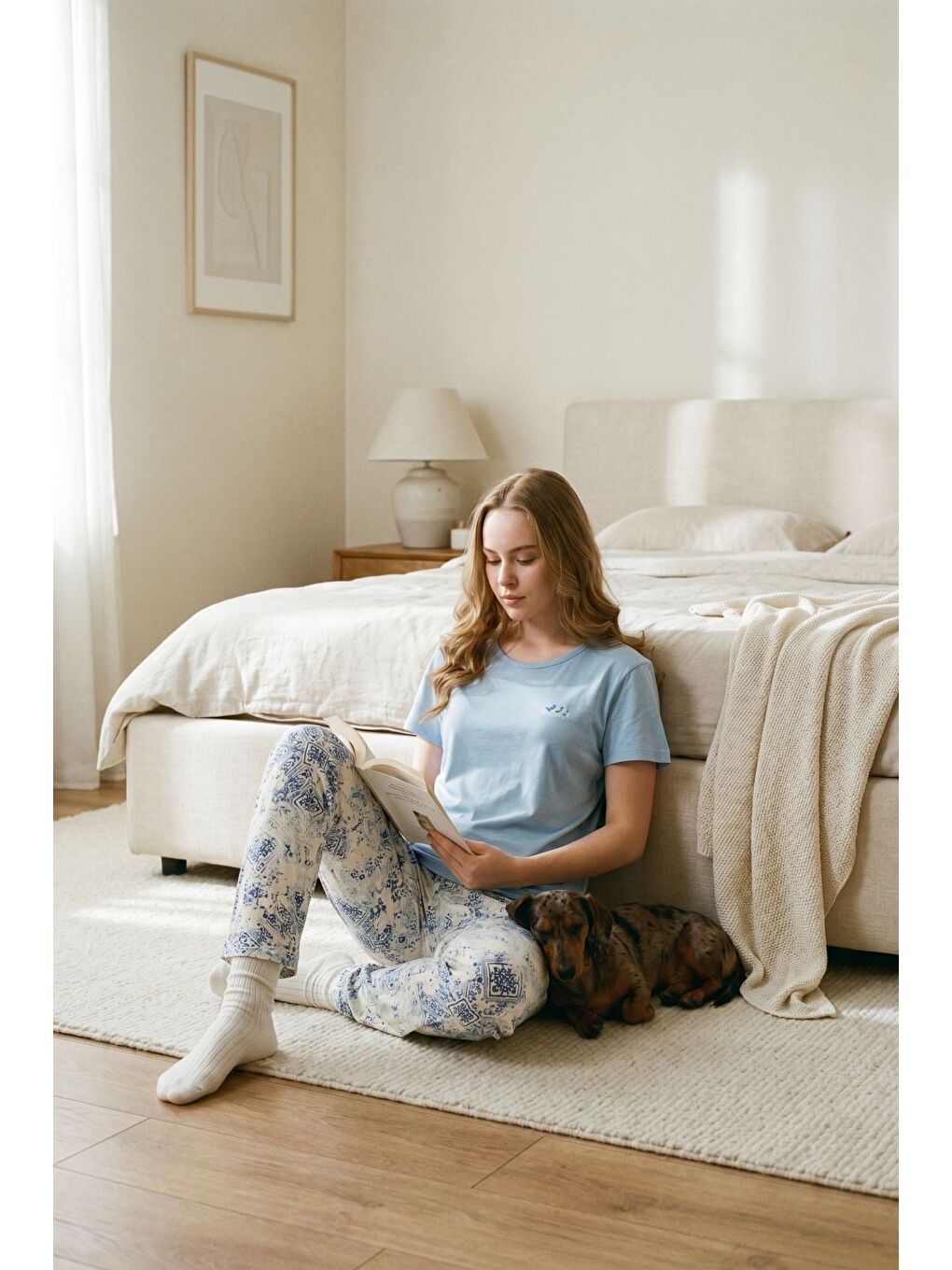 Yuvarlak Yaka Kısa Kollu Pijama Takımı Açık Mavi-512201