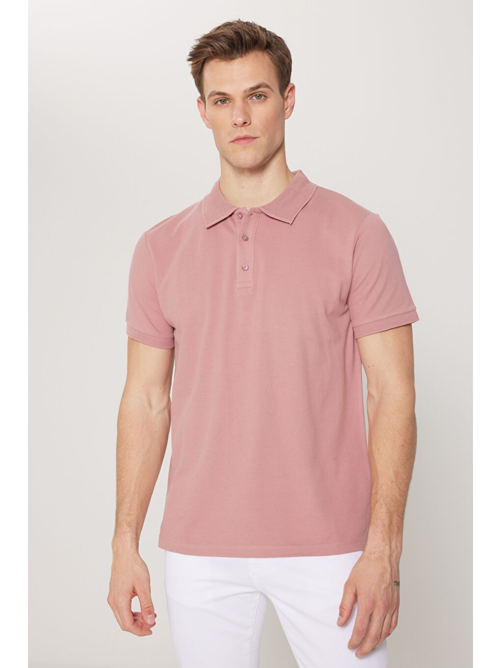 Pembe Erkek Gül Kurusu Slim Fit Dar Kesim Polo Yaka %100 Pamuk Kısa Kollu Tişört-6