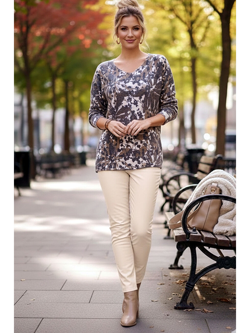 İtalyan Kahverengi V Yaka Uzun Kol Desenli İnce Casual Triko Bluz 68 65-4