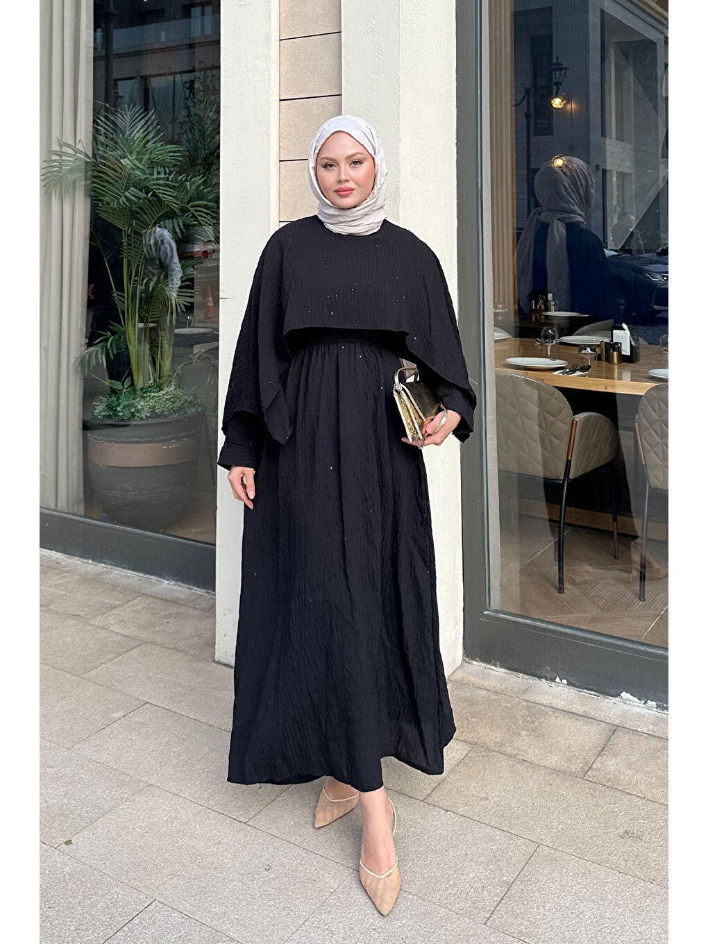 Kadın Pelerin Detay Çizgili Elbise Siyah