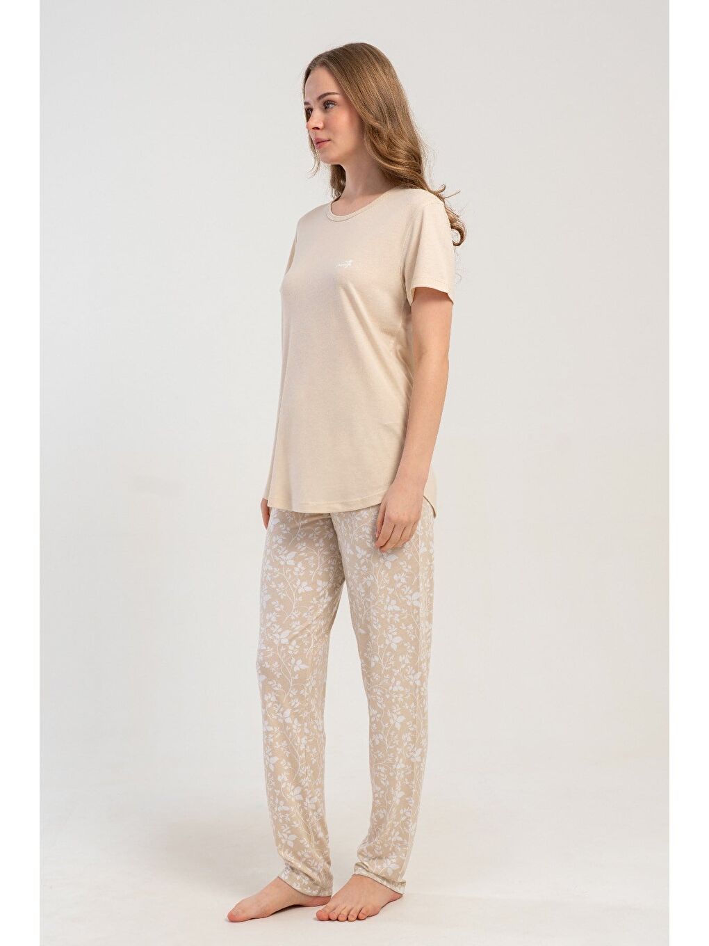 Yuvarlak Yaka Kısa Kollu Pijama Takımı Bej-512181-5
