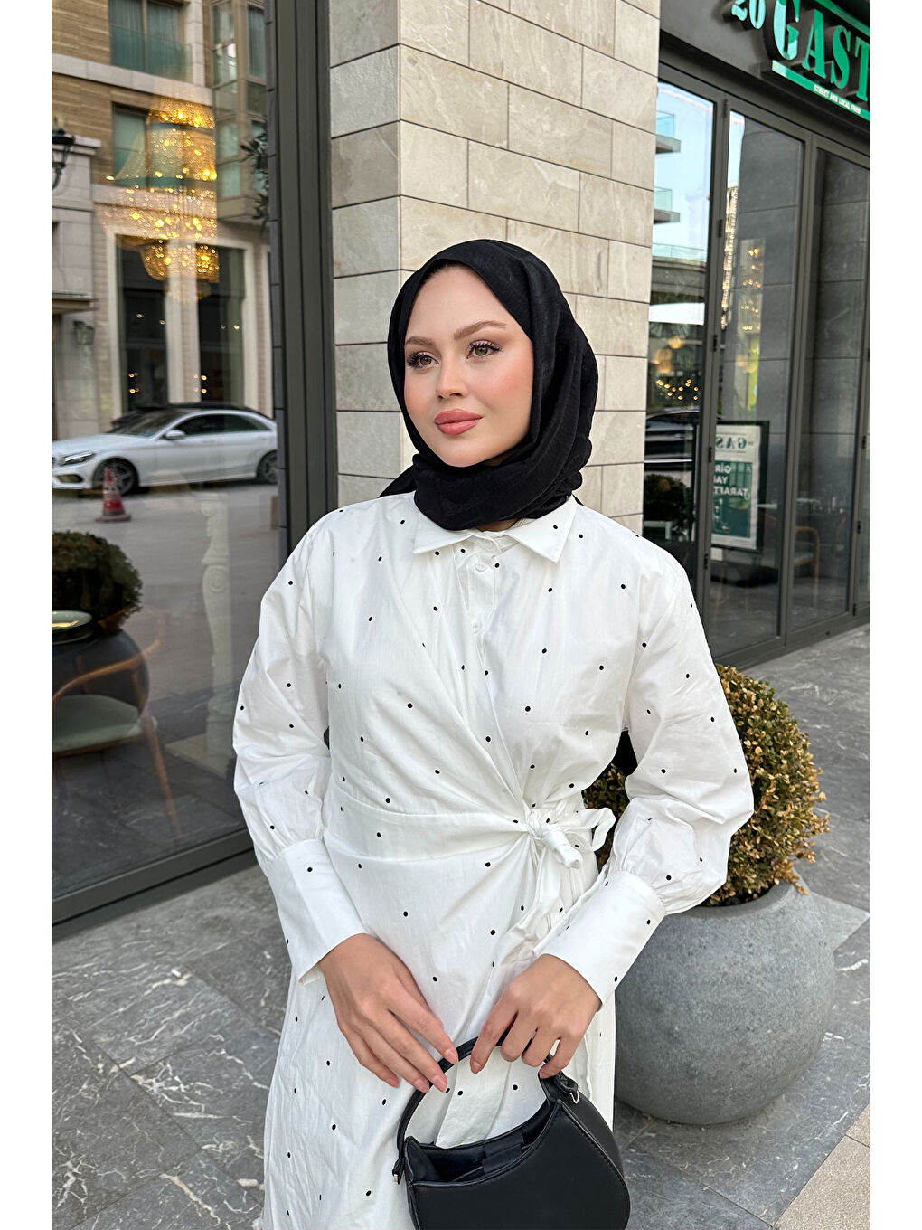 Kadın Puantiyeli Yandan Bağlamalı Elbise Beyaz-2