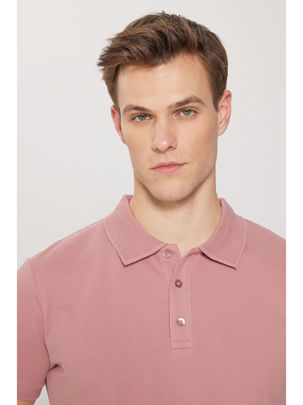 Pembe Erkek Gül Kurusu Slim Fit Dar Kesim Polo Yaka %100 Pamuk Kısa Kollu Tişört-7