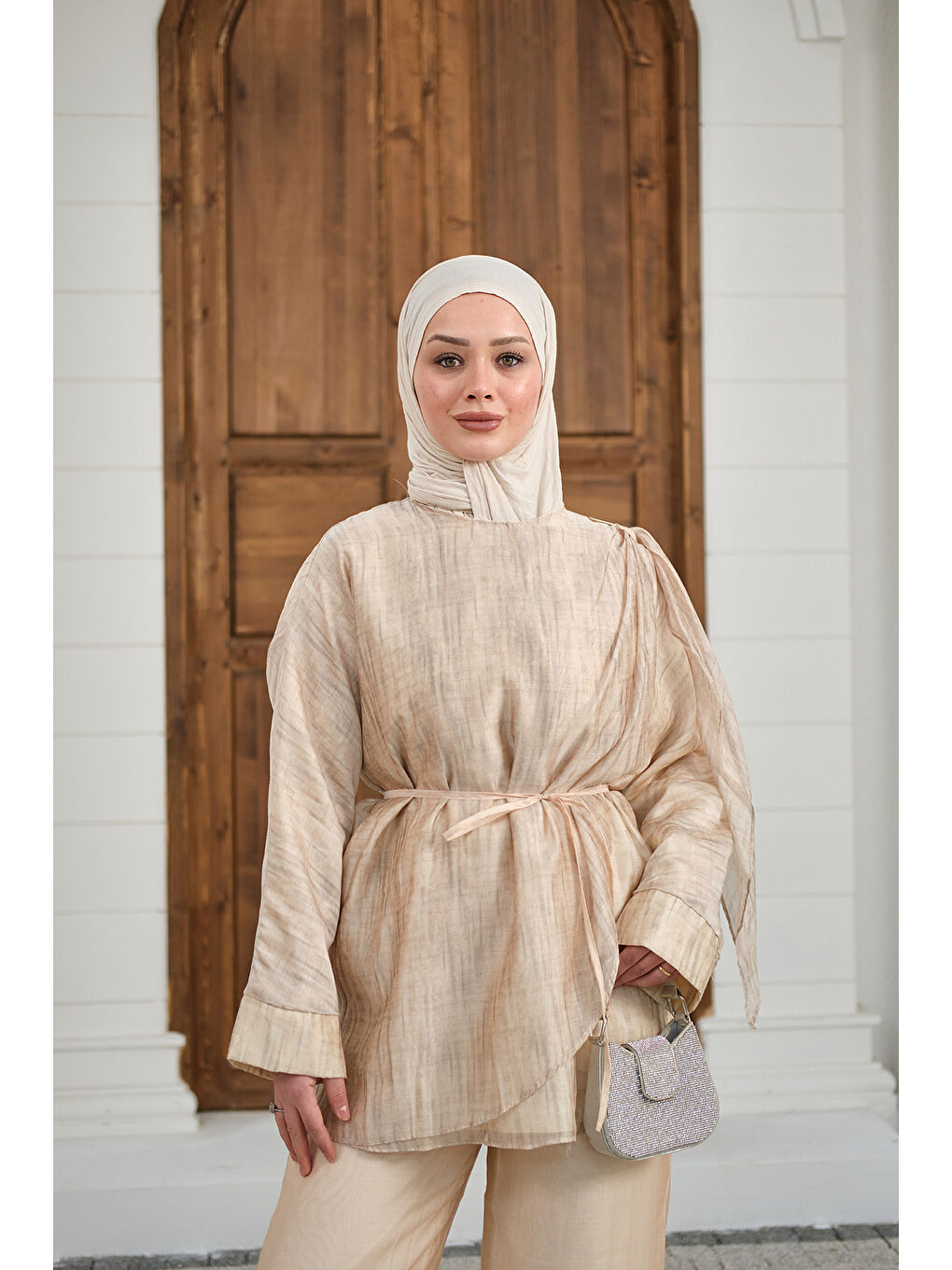 Ekru Kadın Yaka Şal Detay Bel Bağlamalı Takım Krem-2