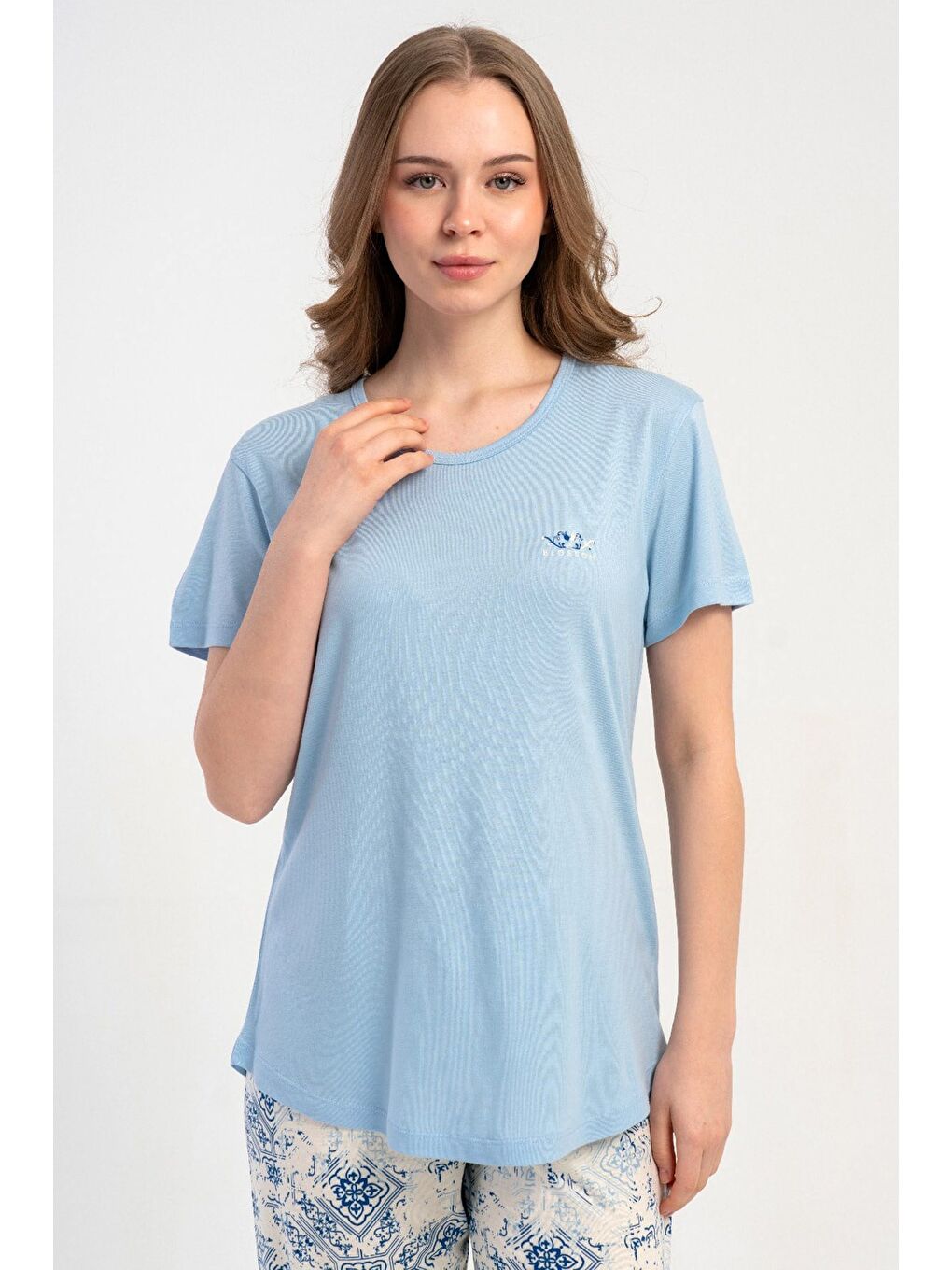 Yuvarlak Yaka Kısa Kollu Pijama Takımı Açık Mavi-512201-2