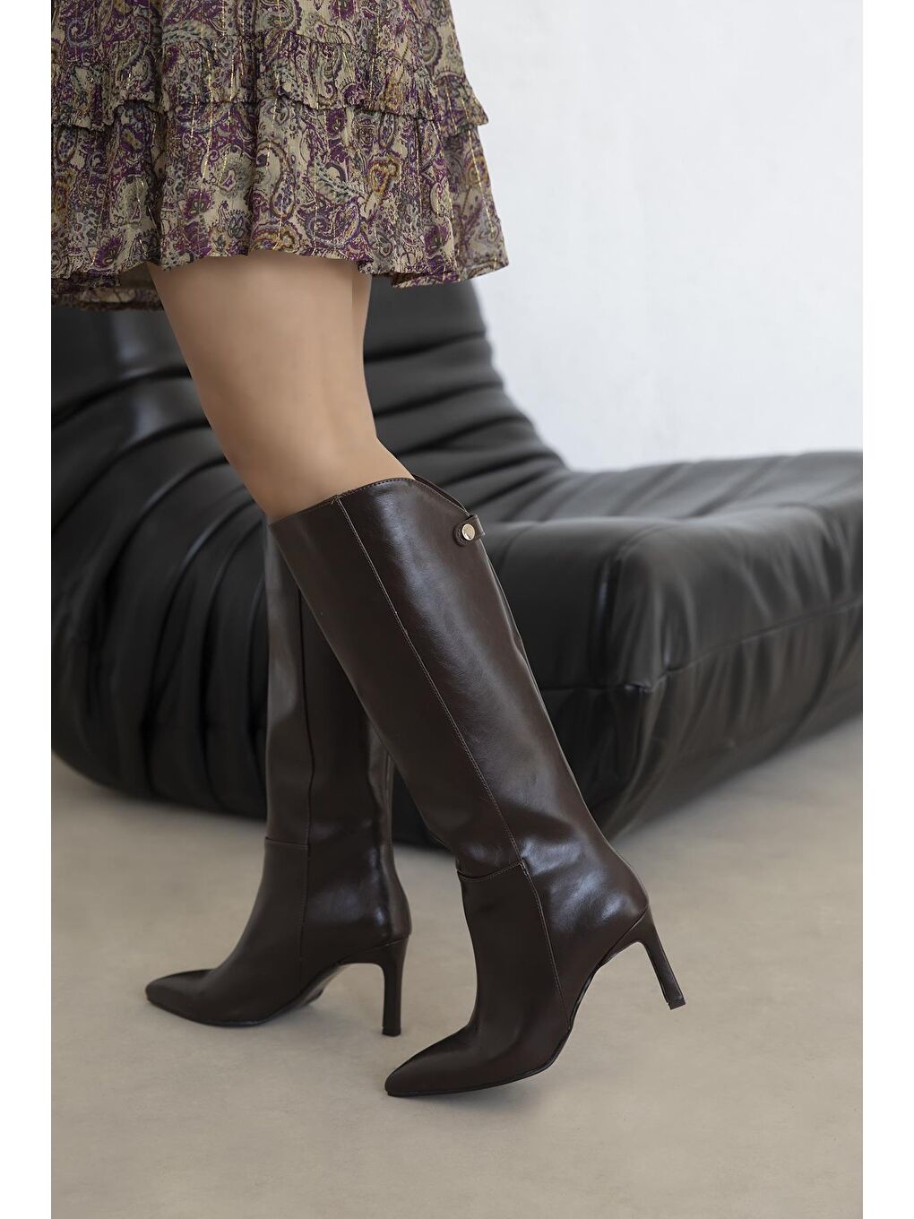 Kahverengi Wati Kadın Aksesuar Detay  Kırışık Deri Çizme Kahve