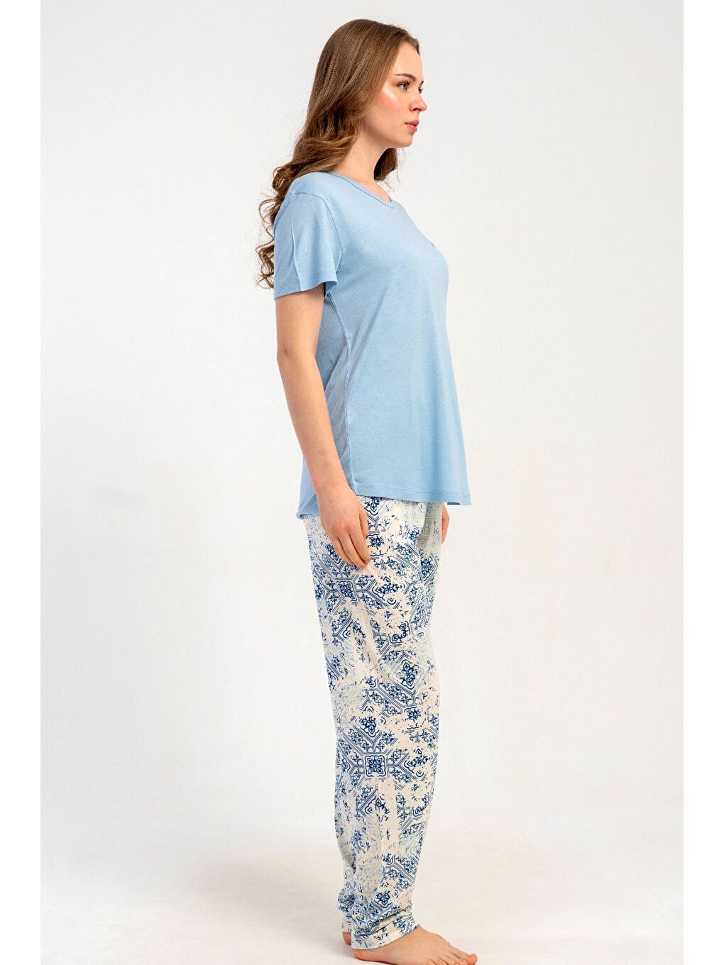 Yuvarlak Yaka Kısa Kollu Pijama Takımı Açık Mavi-512201-3