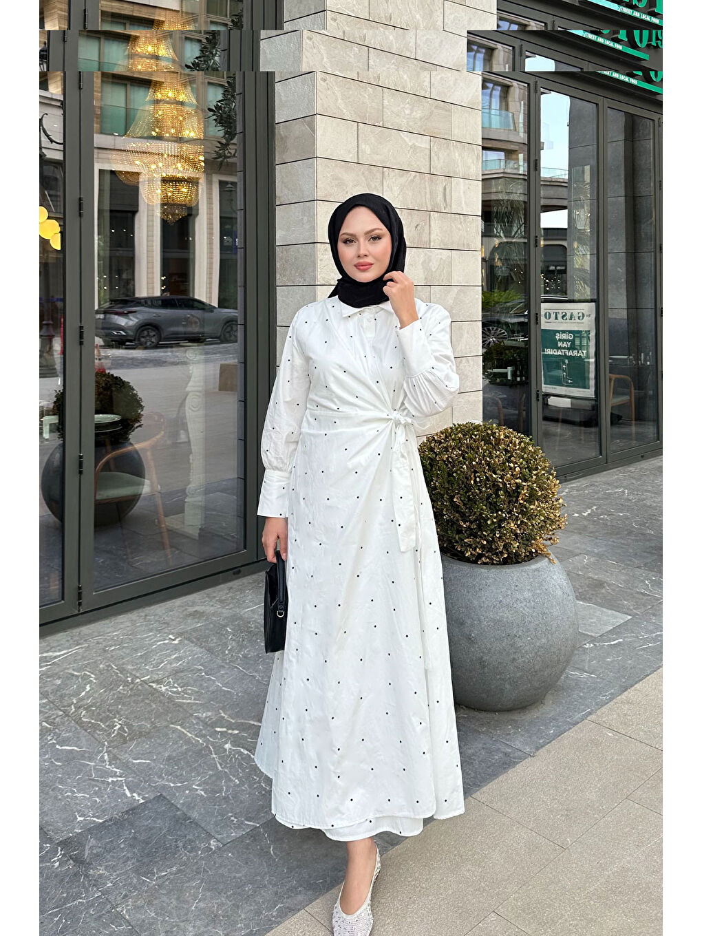 Kadın Puantiyeli Yandan Bağlamalı Elbise Beyaz-3