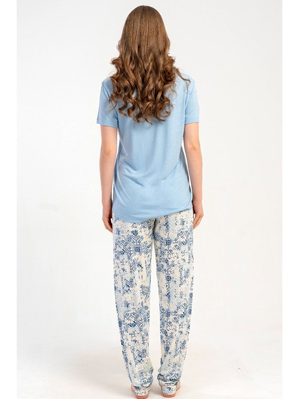 Yuvarlak Yaka Kısa Kollu Pijama Takımı Açık Mavi-512201-4